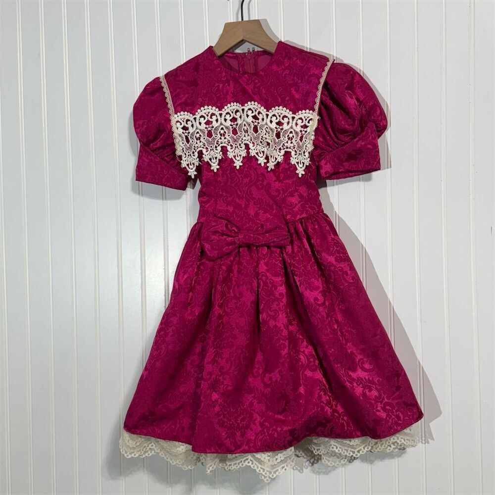 Vintage Jessica McClintock Girls Dress 7 Pink Lace Puff Sleeve Bow Holiday USA